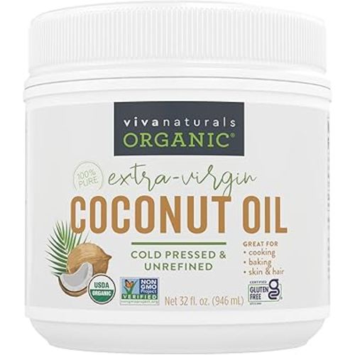 Viva Naturals Organic Coconut Oil, 32 fl oz – Unrefined, Cold-Pressed Extra Virgin Coconut Oil, USDA Organic & Non-GMO, Natural Cooking Oil, Hair Oil & Skin Oil