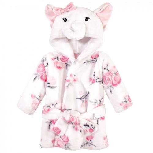 Hudson Baby Infant Girl Plush Animal Face Bathrobe, White Elephant, 0-9 Months