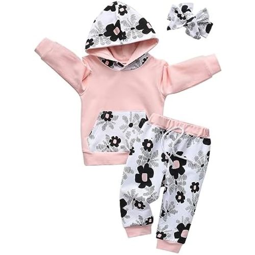 Eghunooy Baby Girl Clothes Long Sleeve Floral Hoodie Sweatshirt Pants with Pocket Headband Outfit Sets