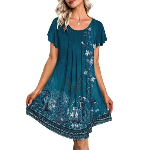 Ekouaer Nightgowns for Women Pleated Moo Moos Short Sleeves House Dresses | Plus Size Nightgowns for Women Crew Neck Sleep Shirt Loose Fit Night Gowns for Sleep, Daily Wear, Vacation, Going Out