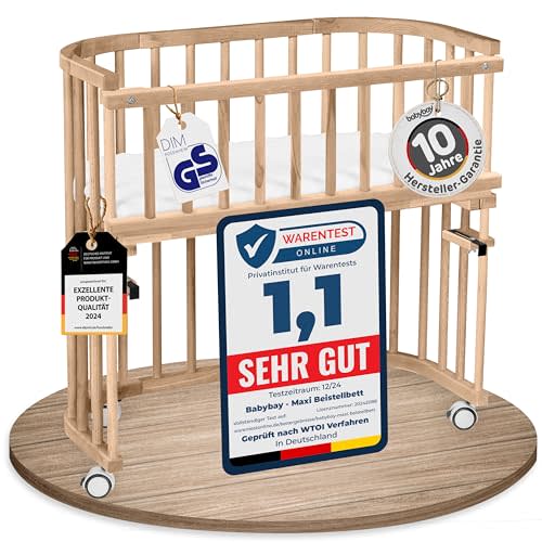 babybay Maxi Extra Large Side Bed Made of Solid Beech Wood/Children's Bed Height Fully Adjustable & Environmentally Friendly/with Mattress, Grid, Wheels (Natural Varnish)