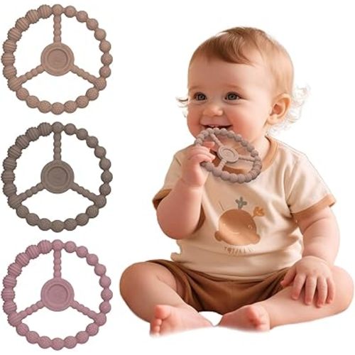 Baby Teething Rings 3-6 Months, 3 Pack Silicone Ring Teether Toys for Babies 0-6 & 6-12 Months Chewing Relief, Freezable & Easy Grip, Infant Essentials, Boys & Girls Gifts (Clay DustyRose Brown)