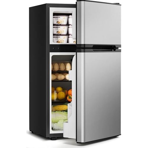 3.2 Cu.Ft Mini Fridge with Freezer - 2 Door Small Refrigerator, Mini Refrigerator with Adjustable Thermostat, Removable Shelves, Mini Fridge for Bedroom, Office, Dorm, Apartment, Silver