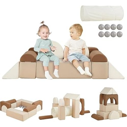 Asweets Kids Play Couch with Tunnel and Balls, Play Couch for Toddlers, Kids Foam Convertible Play Building Fort for Christmas and New Year, Brown