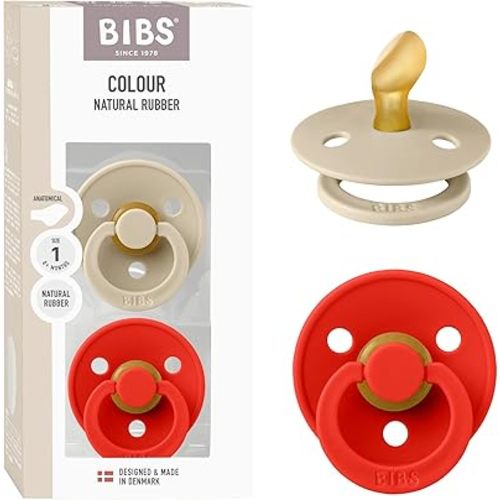 BIBS Colour Anatomical Soother 2-Pack, BPA Free Dummy Pacifier, Orthodontic Nipple. Natural Rubber Latex, Made in Denmark, Size 1 (0-6 Months), Vanilla/Candy Apple