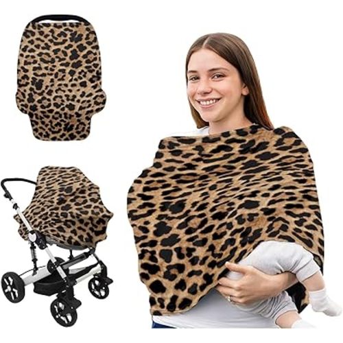 Baby Car Seat Cover Leopard Print Multi-Purpose Soft Rayon Breathable Nursing Cover for Breastfeeding, High Stretchy Infant Unverisal Fit Carseat Canopy, Stroller Cover for Babies