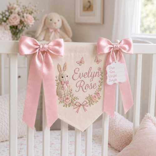 Personalized Embroidered Baby Name Banner, Floral Bunny Nursery Decor