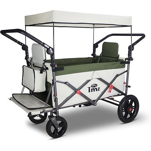 TMZ Foldable Wagon with Canopy, Collapsible Folding Wagon with Adjustable Handle Bar, Multi Functional Cart with Expansion Accessories, Front Expandable Transport Camping Wagon (Green/Beige)