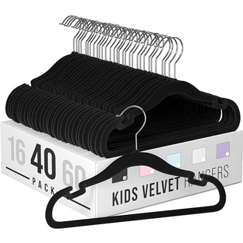 Clothes Baby Hangers for Closets - Unique Notches for Non Slip. Heavy-Duty Velvet Kids & Toddler Hangers for Closet | Ultra Thin Design for Space Saving. Ganchos De Ropa para Bebe (40 Pack Black)