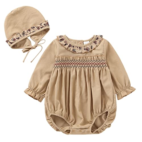 Baby Girl Long Sleeve Onesies Cotton Linen Bubble Romper Smocked Fall Outfits Clothes Size 3-24 Months