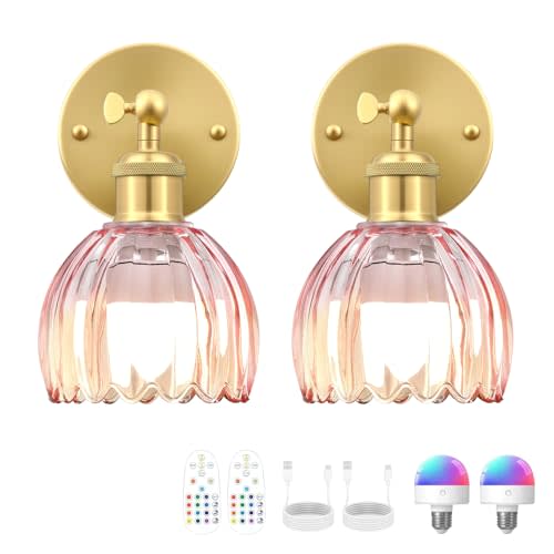Vintage Battery Operated Wall Sconce, Pink Tulip Glass Lampshade Wireless Rechargeable Battery Powered LED Wall Light with Remote Dimmable for Bedside Bedroom Doorway Living Room, Set of 2