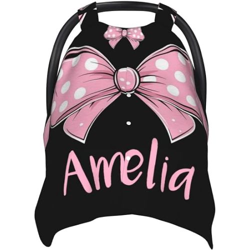 Personalised Bows Baby Car Seat Cover for Girls, Customized Carseat Covers with Name for Infant, Windproof Sun Protection Baby Carseat Canopy, Multi-use Nursing Breastfeeding Covers