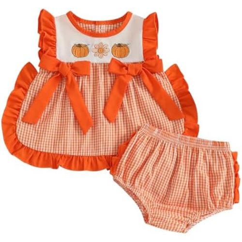 Halloween Baby Girl Outfits Ghost Pumpkin Plaid Ruffle Tank Tops Bloomer Shorts Set Toddler Halloween Clothes