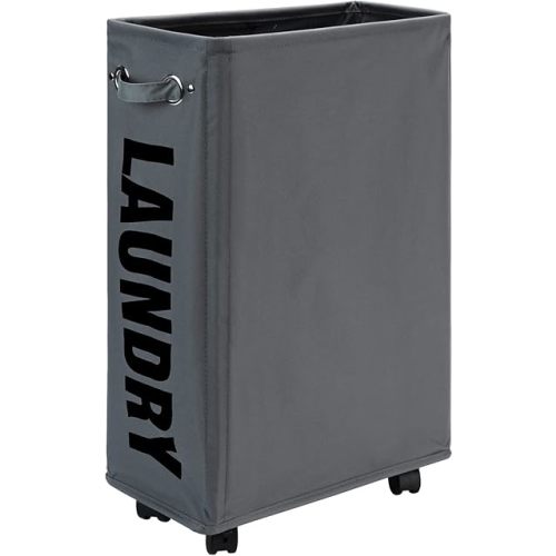 DOKEHOM 25-Inches Slim Laundry Basket on Wheels, Collapsible Rolling Laundry Hamper, Foldable Narrow Corner Clothes Storage Bins (Dark Grey)