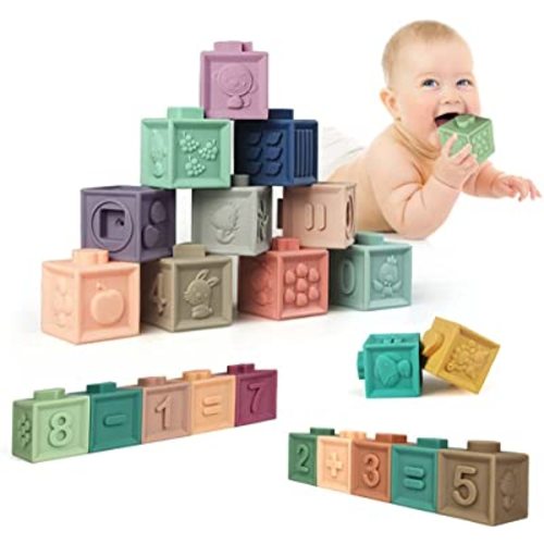 Soft Baby Blocks 6 to 12 Months, Montessori Sensory Toys for Babies 6-12 Months, Baby Stacking Building Blocks, Infant Teething Toys for Babies Toddlers, Silicone Blocks with Numbers Animals Fruits