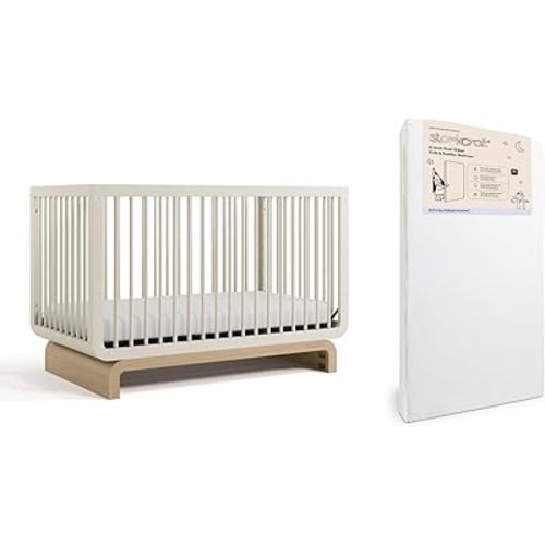 Storkcraft Santorini Convertible Crib with Toddler Guardrail & Storkcraft 6-Inch Grow-with Me Premium Waterproof Dual-Sided Toddler Bed Mattress (Frosted Oat/Driftwood) – GREENGUARD Gold Certified