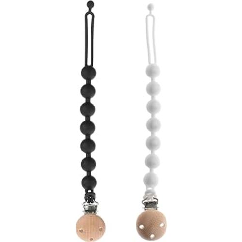 Silicone Pacifier Clips for Baby, 2-in-1 One Piece Design Pacifier Holder & Teething Ring Toy, BPA Free, 2 Pack (White+Black)