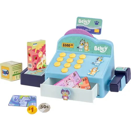 Bluey Cash Register Playset, Interactive Play Register with Detachable Scanner, Toy Credit Card, and Dollar Bucks, Shopping Toys for Kids Ages 3+