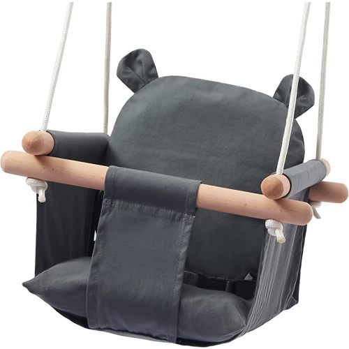 Secure Baby Swing Seat with Safety Belt - Baby Canvas and Wooden Swing Chair with Ear Décor Cushion - Hanging Indoor Swing for Infants & Baby Swing Outdoor - Tree Toddler Swing for Backyard Outside