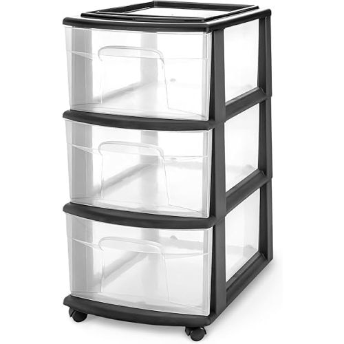 HOMZ Drawer Tower, 3-Tier Clear Plastic Storage Organizer Cart, Black Frame – Organizing Containers with Wheels for Home, Bathroom, Bedroom, Office, and Classroom