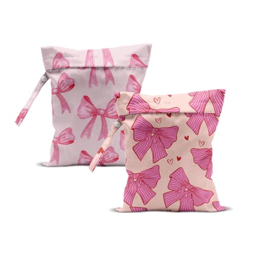 2Pcs Bow Tie Wet Bag for Vacation Essentials, Waterproof Reusable Wet Dry Bags, Heart Washable Travel Laundry Bags for Beach Diapers Dirty Yoga Gym Clothes, Pink Gifts for Women Friend, 12x10 Inch