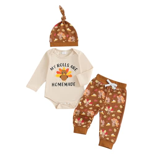 My 1st Thanksgiving Baby Boy Outfit Turkey Print Long Sleeve Romper Elastic Waist Pants Hat Set 3 Piece Fall Clothes