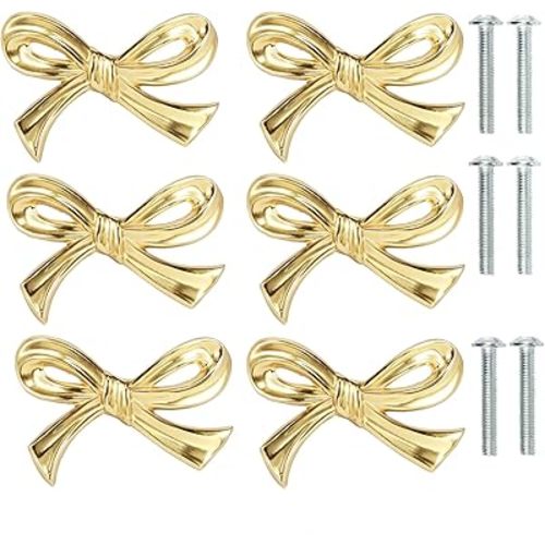 6Pcs Gold Bow Knobs for Dresser, Bow Drawer Knobs, Solid Brass Bow Shape Bow Cabinet Knob, Compact Bow Drawer Pulls Decorative, Elegant Bow Dresser Knobs Handle, Beautiful Bow Furniture Knobs for Home