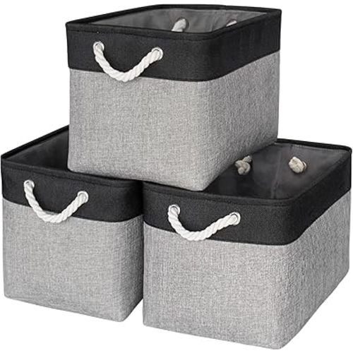 TheWarmHome Storage Basket for Organizing - 16x12x12 inch Cube Storage bin 3 Pack Fabric Storage Cubes, Collapsible Storage Box for Organizer Cloth Gift Toy Closet (Black & Grey)