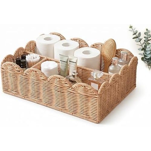 Storage Basket with 3 Compartments, Scalloped Bathroom Organizer Basket, Decorative Diaper Caddy Woven Organizer Basket for Vanity, Skincare, Toilet Paper, Towels & Home Decor (Natural, L)