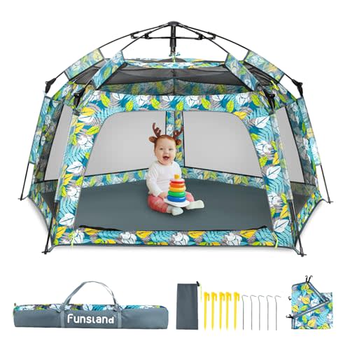 Funsland Baby Playpen Pop-up Tent - Outdoor & Indoor Play Tent for Beach with Canopy Travel Bag Portable Play Yard for Babies & Toddlers (Forest)