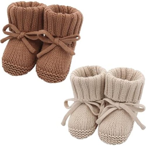 LifeTree Baby Knit Booties-2 Pairs, Cozy Cotton Handmade Crochet Baby Shoes, Newborn Winter Booties 0-6 Months for Boys & Girls, Warm Soft Baby Infant Socks