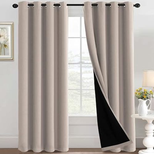 H.VERSAILTEX 100% Blackout Curtains for Bedroom Thermal Insulated Full Blackout Curtains for Living Room Energy Efficiency Window Drapes with Black Liners 1 Panel, 52x84 Inch, Natural Sand