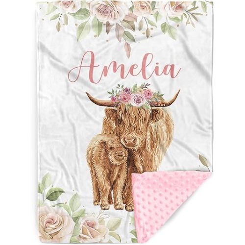 Personalized Baby Blankets with Name – Floral Highland Cow Theme Custom Toddler Girl Blanket – Soft Minky Dot Blanket for Crib, Nursery, Stroller – Custom Baby Gift for Girls