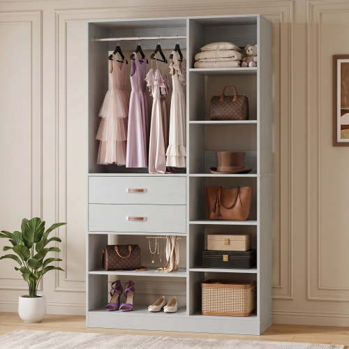 Homieasy 39.4'' W Closet System with Wooden Drawers and Hanging Rods, Grey