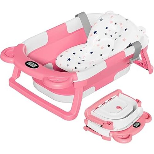 TPN Collapsible Baby Bathtub, Baby Bath Tub with Soft Cushion & Real-Time Thermometer, Baby Bathtub Infant to Toddler Tub (0-36 Months), Portable Newborn Travel Bath Tub