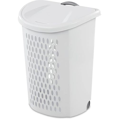 White Wheeled Plastic Laundry Hamper – Adult-Sized Rolling Basket With Handles For Home & Dorms