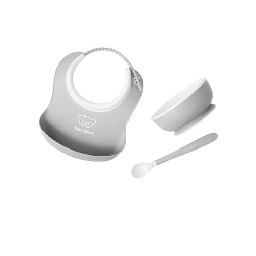 BabyBjörn Baby Feeding Set, 3 pcs, Gray Includes Baby Plate, Baby Fork, Baby Spoon, and Baby Cup Dishwasher Safe Toddler Feeding Set for self-Feeding or Baby-led weaning