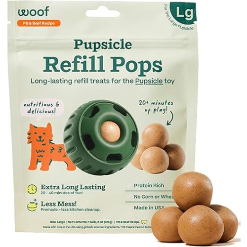 WOOF Pupsicle Refill Pops - Low-Mess Dog Snacks - with Peanut Butter and Beef - Dog Treats - Long Lasting - Large Pops - 7 Count