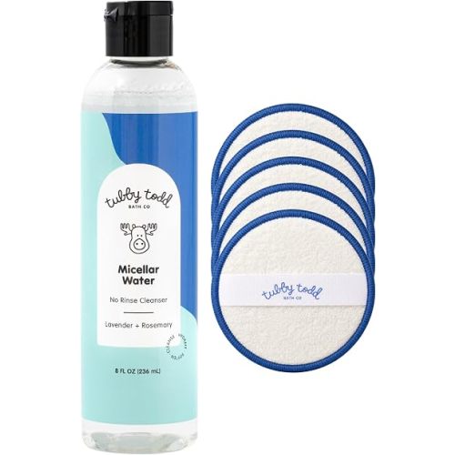 TUBBY TODD Micellar Water with Reusable Wipes - No-Rinse Baby Cleansing Water for Sensitive Skin - Gentle Face and Body Cleanser - Lavender + Rosemary