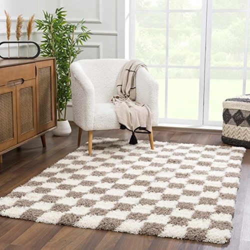 Hauteloom Marshmallow Contemporary Checkered Fluffy Shag Area Rug - Modern Geometric Carpet Tiles for Living Room, Kids Room, Nursery - Plush Pile - Brown, Cream, White - 7'10" x 10'3"