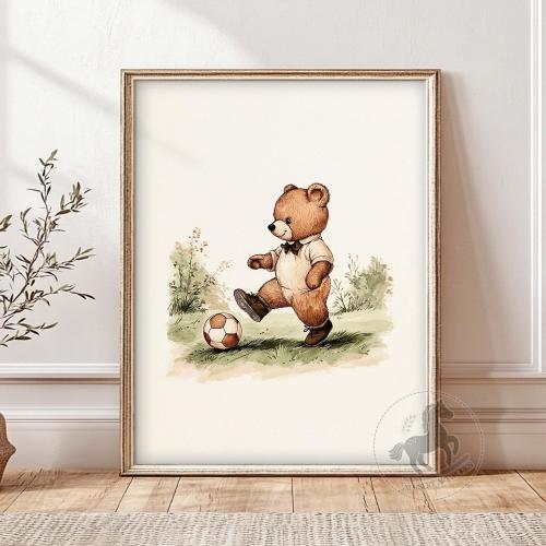 Teddy Bear Soccer Art: Vintage Nursery Print (Digital Download)