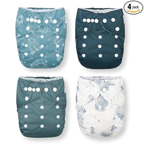 Nora's Nursery Cloth Pocket Diapers 4 Pack with 4 Inserts - Waterproof Cover, Washable, Reusable & One Size Adjustable Pocket Diapers for Newborns and Toddlers - Mama Bear