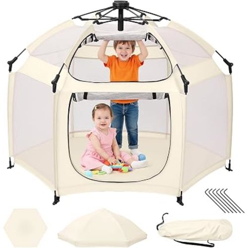 Dripex Baby Playpen, Portable Pop Up Playpen with Canopy, Beach Tent Ivory