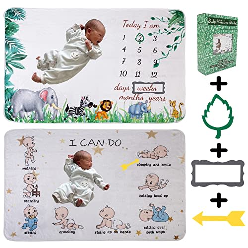 vmaisi Baby Milestone Blanket Gifts - Newborn Boy & Girl Monthly Year Infant Growth Blankets Nursery Swaddling Blankets (Green Animals - Baby, Double Printed)