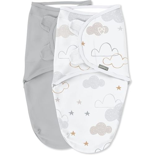 SwaddleMe by Ingenuity Original Swaddle, 100% Cotton, Improves Sleep & Calms Startle Reflex, 0-3 Months, 1.0 TOG, 2-Pack, Baby Swaddle Blanket - Space & Clouds