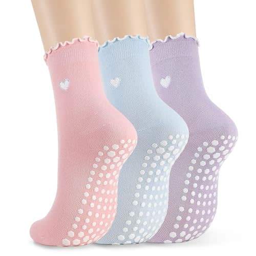 3/6 Pairs Cute Pilates Socks for Women, Non Slip | Embroidery, Ruffle, Cotton Crew Grippy Yoga Socks, Yoga Ballet Home Workout