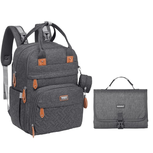 BabbleRoo Diaper Bag Backpack, Waterproof Travel Bag & Premium Changing Pad Set - Dark gray