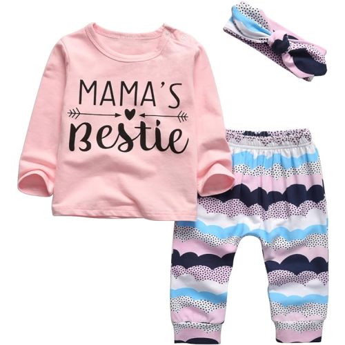 KuKitty 3Pcs Baby Girl Outfits Set Long Sleeve T-Shirt Tops Flowers Pants with Headband
