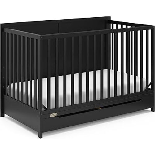 Graco Melrose 5-in-1 Convertible Crib with Drawer (Black) – GREENGUARD Gold Certified, Fits Standard Crib Mattress, Converts to Toddler Bed, Daybed and Full Bed, 4 Adjustable Mattress Heights