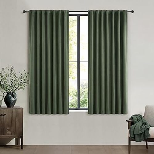 45 Inch Kitchen Curtains Sets for Windows, Faux Linen Blackout Pleated Aesthetic Basement Window Curtain Back Tab 2 Panels Insulated Drapes Olive Green (50" W x 45" L Hooks&Rings Included)